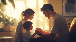 a man and woman holding hands with a child